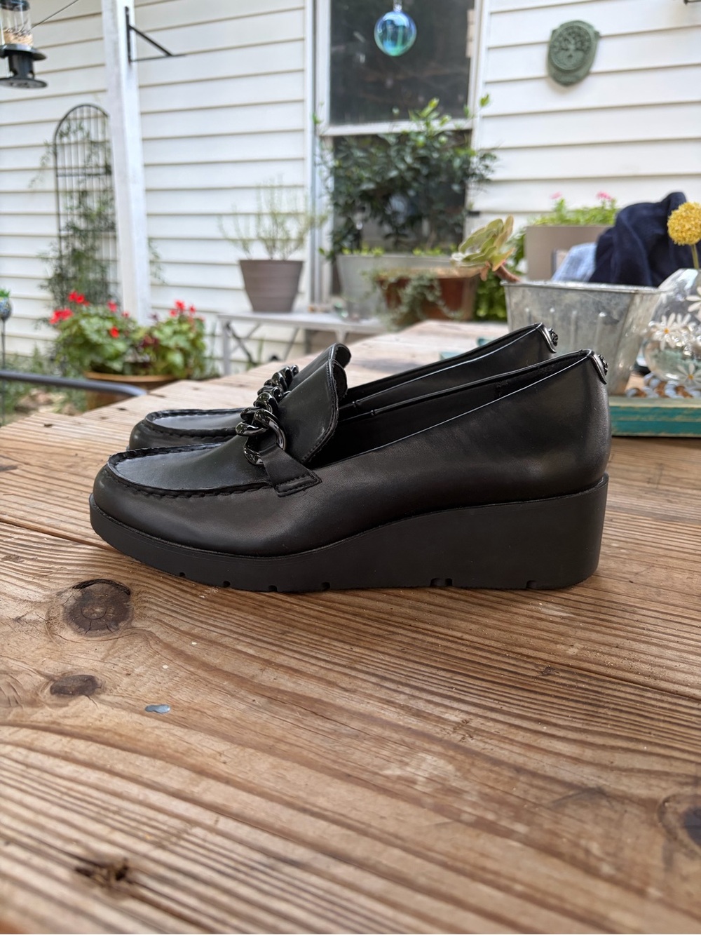 Anne Klein Akiana Women’s 8M Black Chain Platform Wedge Loafers Lug Sole